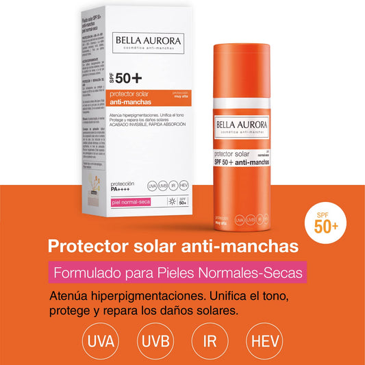 Bella Aurora Protector Solar SPF 50+ Facial Anti-Manchas Piel Normal Seca, 50 ml | Crema Protección del Sol Cara | Bloqueador Solar