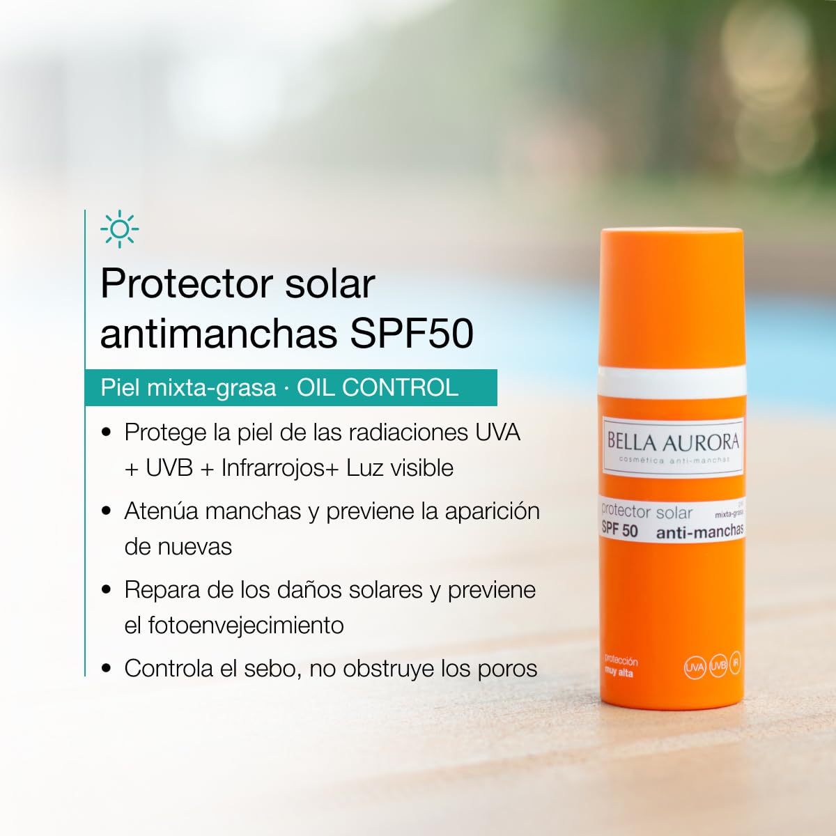 Bella Aurora Protector Solar Facial Antimanchas SPF 50+ | Protección Muy Alta UVA UVB IR Luz Azul | Control Brillos y Absorción Rápida | Piel Mixta y Grasa | Uso Diario | 50 ml