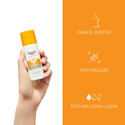 Eucerin Sun Gel Crema Oil Control Dry Touch FPS 50+ (50 ml), protección solar facial 50+ con filtros UVA/UVB, crema solar para piel grasa y propensa al acné, crema de sol con textura ultraligera