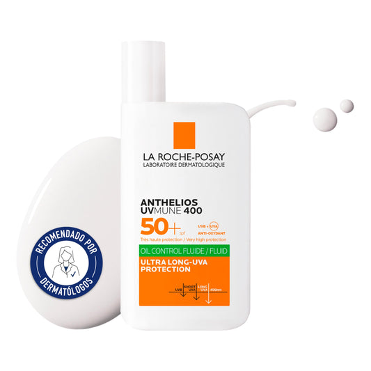 La Roche Posay Fluido Invisible, Protector Solar con SPF50+, Efecto Matificante 24 Horas, Resistente al Agua, Sudor y Arena, Fórmula con Mexoryl 400, Anthelios UV-MUNE 400 Oil Control, 50 ml