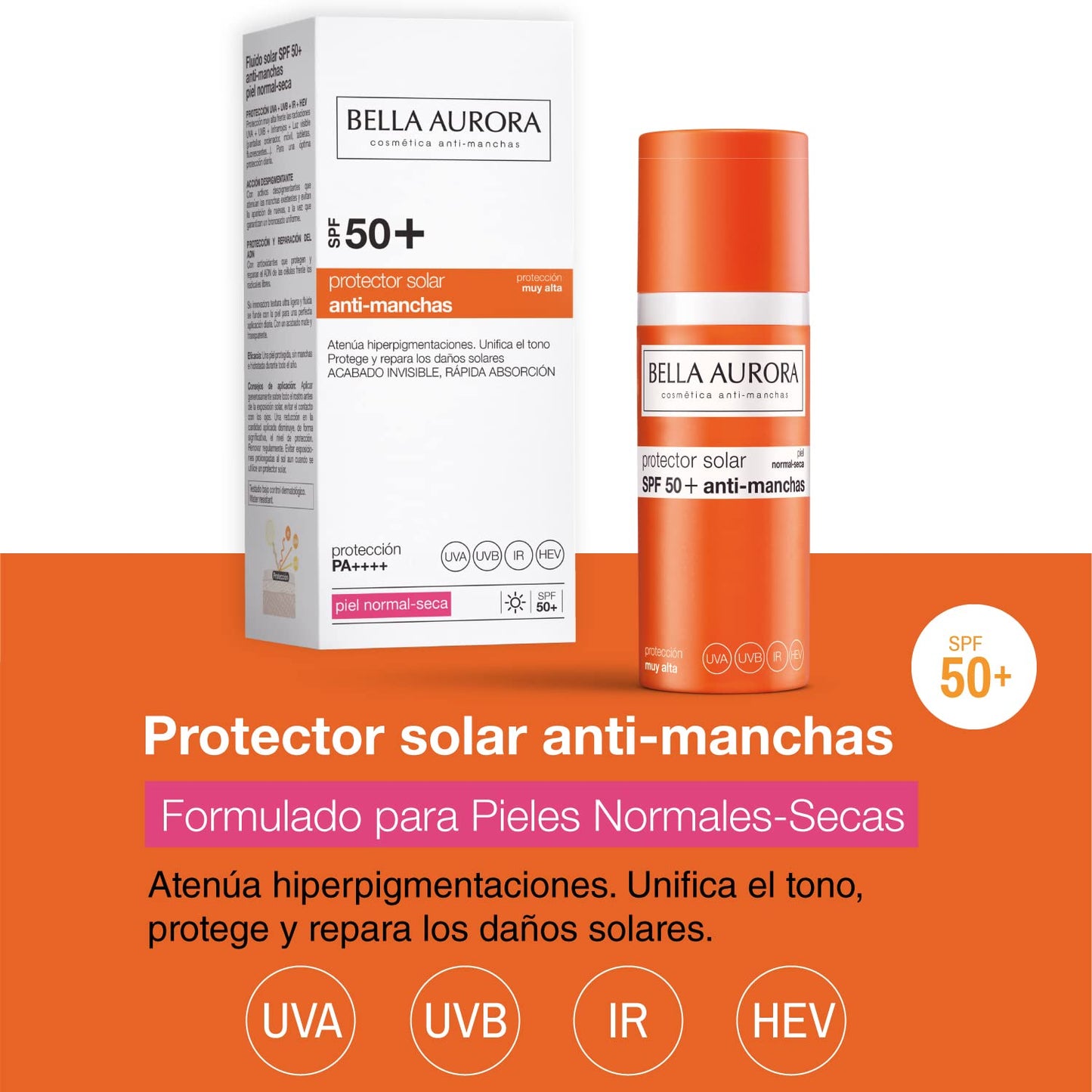 Bella Aurora Protector Solar SPF 50+ Facial Anti-Manchas Piel Normal Seca, 50 ml | Crema Protección del Sol Cara | Bloqueador Solar