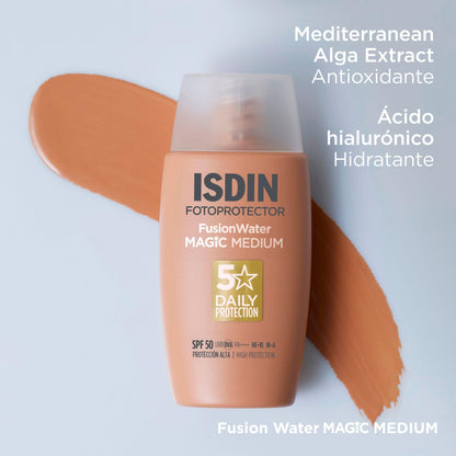 ISDIN Fotoprotector Fusion Water MAGIC Medium SPF 50, Protector Solar Facial Ultraligero Con Color, Crema Solar Que Unifica El Tono Y Protege Con Tecnología Full Spectrum, En 3 Tonos -50 ml