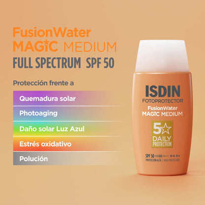 ISDIN Fotoprotector Fusion Water MAGIC Medium SPF 50, Protector Solar Facial Ultraligero Con Color, Crema Solar Que Unifica El Tono Y Protege Con Tecnología Full Spectrum, En 3 Tonos -50 ml